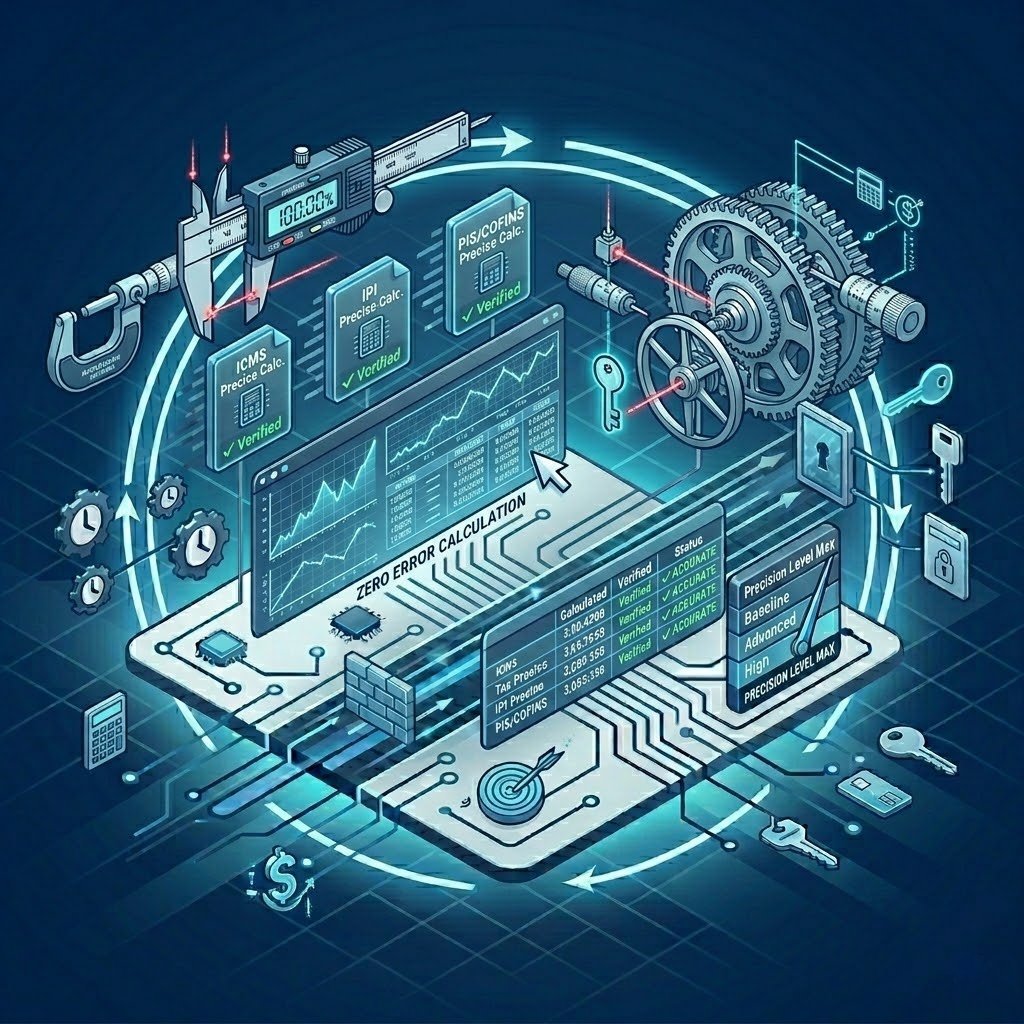 Ícone de calculadora ou gráfico de precisão, indicando a automação correta de cálculos de impostos.