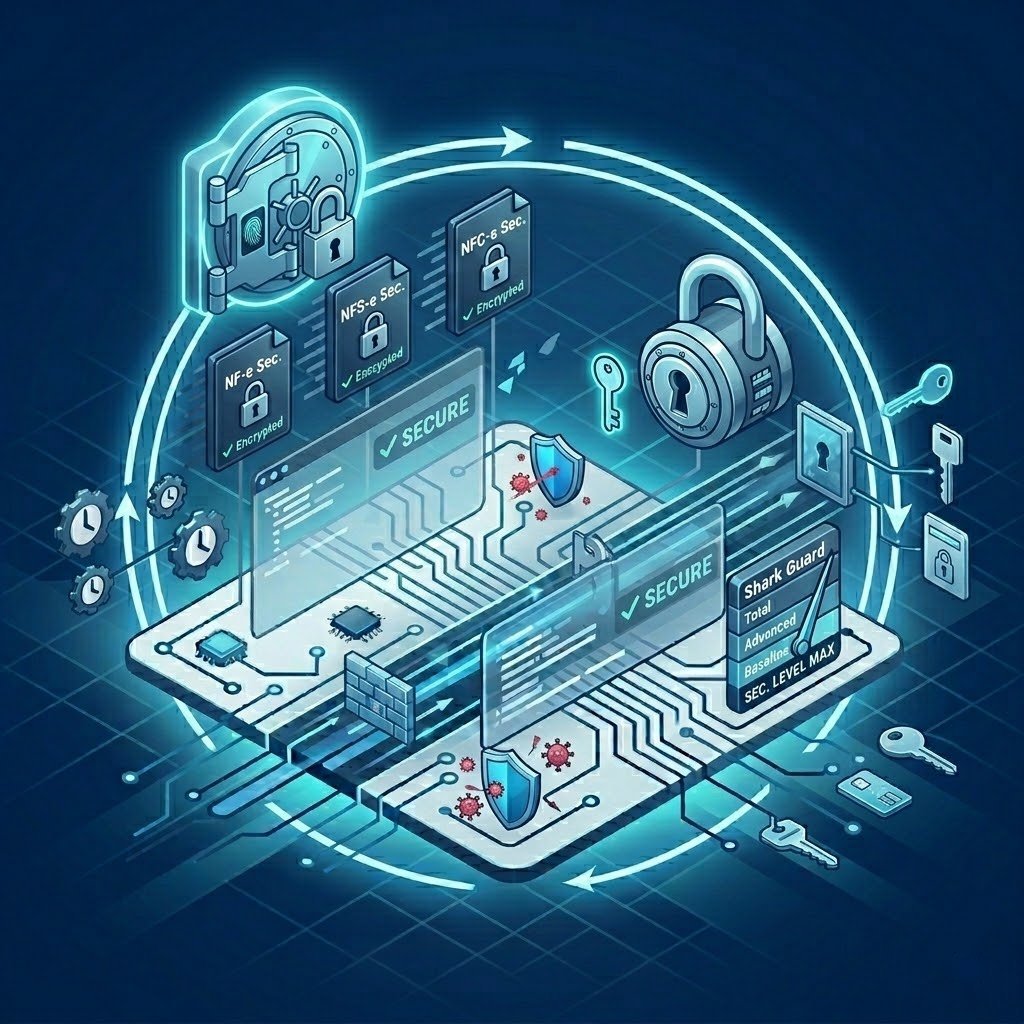 Ilustração de um escudo ou cadeado digital, representando a proteção de dados e o armazenamento automático em nuvem.